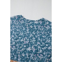Orange Floral Color Block Patchwork Ruffled Hem Round Neck Blouse - L thumbnail