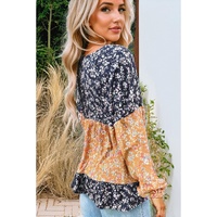 Blue Floral Color Block Patchwork Ruffled Hem Round Neck Blouse - 2XL thumbnail