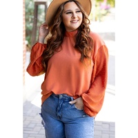 Russet Orange Swiss Dot Balloon Sleeve Loose Blouse - L thumbnail