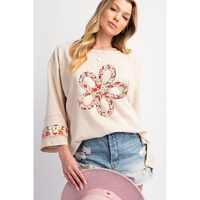 Beige Flower Patch Graphic Exposed Seam Wide Sleeve Top - M thumbnail