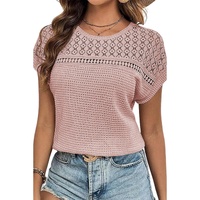 Light Pink Lace Patchwork Waffle Short Sleeve Top - 2XL thumbnail