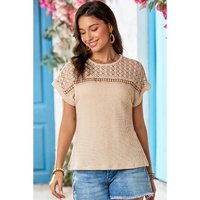 Oatmeal Lace Patchwork Waffle Short Sleeve Top - M thumbnail
