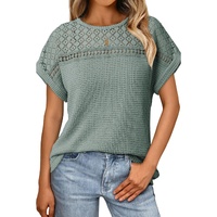 Mist Green Lace Patchwork Waffle Short Sleeve Top - 2XL thumbnail
