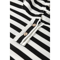 Black white Oversized Striped Henley Buttons Dolman Sleeve Hooded Top - L thumbnail