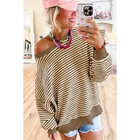Brown Stripe Loose Drop Shoulder Long Sleeve Top - 2XL thumbnail