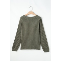 Moss Green Leopard Print Crochet Patchwork Rib Textured Knit Top - L thumbnail