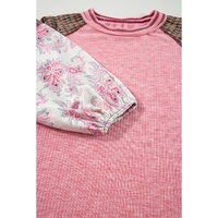 Fushia Mixed Print Raglan Sleeve Ribbed Knit Patchwork Blouse - 2XL thumbnail