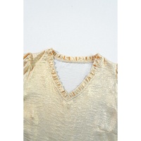 Gold Metallic Frilled V Neck Puff Sleeve Babydoll Blouse - S thumbnail