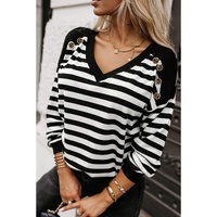 Black Stripe Crochet Hollow-out Back Buttoned Shoulder V Neck Top - L thumbnail