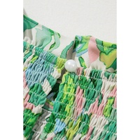 Green Leafy Printed Flounce Sleeve Shirred Mock Neck Blouse - L thumbnail
