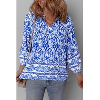 Blue Boho Printed 3/4 Sleeve Tied Neck Blouse - L thumbnail