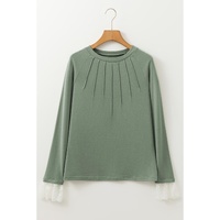 Grass Green Seam Detail Lace Contrast Cuffs Raglan Sleeve Top - L thumbnail