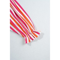 Orange Stripe Balloon Sleeve Notched V Neck Buttoned Front Blouse - L thumbnail