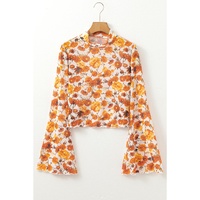 Orange Floral Printed Bell Sleeve Mock Neck Scallop Trim Blouse - L thumbnail