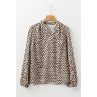 Khaki Geometric Print Notched Neck Puff Sleeve Blouse - L thumbnail