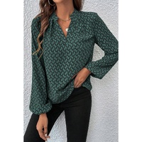 Green Geometric Print Notched Neck Puff Sleeve Blouse - L thumbnail