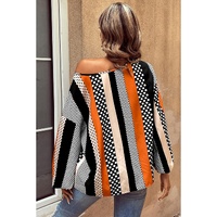 Orange Polka Dot Vertical Striped Printed Puff Sleeve Blouse - L thumbnail