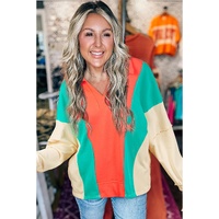Grapefruit Orange Color Block Patchwork Collared V Neck Loose Top - L thumbnail