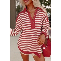 Red Stripe Buttoned V Neck Collared Drop Shoulder Top - L thumbnail