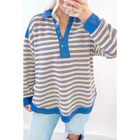 Blue Stripe Buttoned V Neck Collared Drop Shoulder Top - 2XL thumbnail