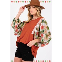 Desert Gold Floral Puff Sleeve Patchwork Round Neck Blouse - L thumbnail