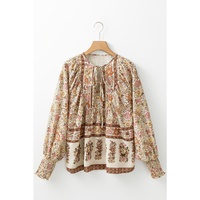 Yellow Floral Print Tie Neck Lantern Sleeve Blouse - L thumbnail