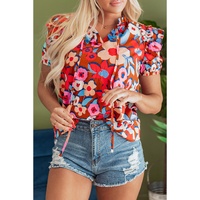 Brown Flower Print Self Tie Frilled Collar Puff Sleeve Blouse - L thumbnail