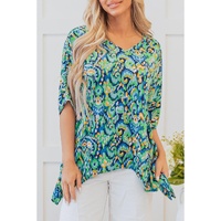 Green Abstract Print V Neck Half Sleeve Loose Fit Tunic Blouse - L thumbnail