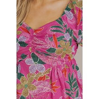 Purple Floral Print Sweetheart Neck Flutter Sleeve Blouse - L thumbnail