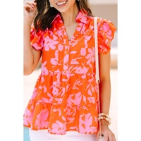 Orange Floral Print Collared Button Neckline Flutter Sleeve Blouse - L thumbnail