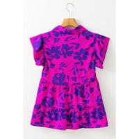 Rose Floral Print Collared Button Neckline Flutter Sleeve Blouse - L thumbnail