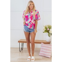 Rose Tropical Plant Printed V Neck Puff Sleeve Blouse - L thumbnail