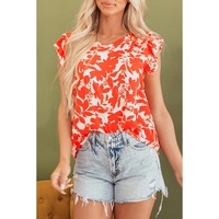 Orange Floral Ruffle Sleeve Print Top - L thumbnail