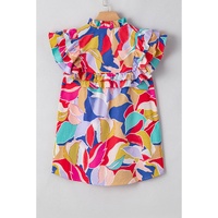 Pink Abstract Printed Ruffled Flutter Sleeve Tied Split V Neck Blouse - L thumbnail