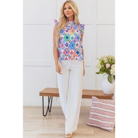 Light Blue Geometric Printed Flutter Sleeve Mock Neck Shirred Blouse - L thumbnail