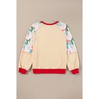 Beige Bowknot Printed Patchwork Raglan Sleeve Colorblock Edge Top - S thumbnail