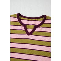 Spinach Green Clashing Stripes Waffle Texture Notched Neck Long Sleeve Top - L thumbnail