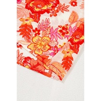 Orange Floral Print Pearl Button Keyhole Long Puff Sleeve Blouse - L thumbnail