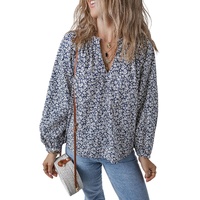 Blue Floral Print Notched V Neck Puff Sleeve Blouse - L thumbnail