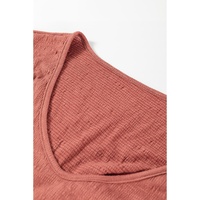 Mineral Red Solid Color Textured Frilled Trim V Neck Puff Sleeve Blouse - M thumbnail