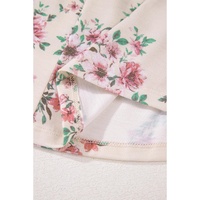 Pink Floral Print Pleated U Neck Loose Fit Blouse - L thumbnail