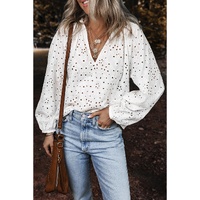 White Eyelet Embroidered Puff Sleeve V Neck Blouse - L thumbnail