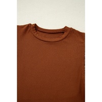 Cinnamon Leather Ruffle Sleeve Patchwork Round Neck Blouse - L thumbnail