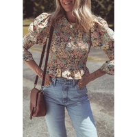 Yellow Floral Print Smocked Bubble Sleeve Ruffled Crop Top - L thumbnail