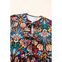 Black Tropical Print Bubble Sleeve Knot Front Blouse - M thumbnail