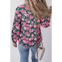Green Floral Printed Tied Collar Puff Sleeve Blouse - L thumbnail