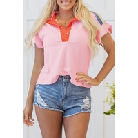 Gossamer Pink Color Block Half Buttoned Ruffled Short Sleeve T Shirt - L thumbnail