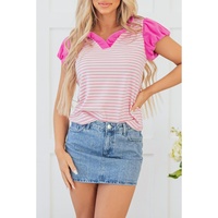 Pink Stripe Ruffled V Neck Cap Puff Sleeve Top - L thumbnail