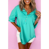 Mint Green Solid Color Half Sleeve Buttons Henley Top - L thumbnail