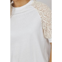 White Lace Crochet Short Sleeve Round Neck T Shirt - M thumbnail